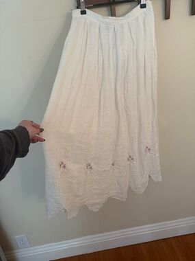 100% Linen White Skirt with Scalloped Eyelet Hem